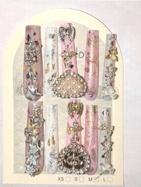 Hand CRAFTED 3XL Luxury Pink and White PRESS ON Nail Set Women Sz Medium